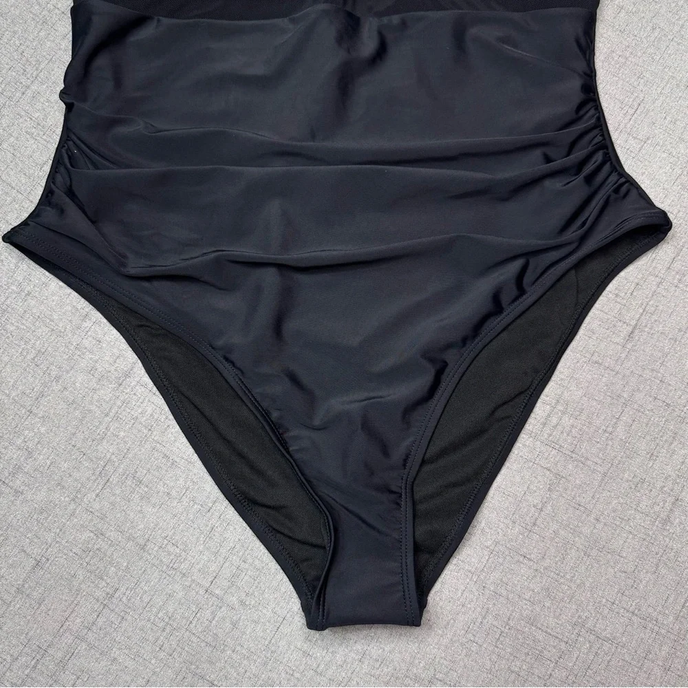 Black & Leopard Print Mesh One Piece Swimsuit Slimming Tummy Control L XL NWT - Picture 7 of 12